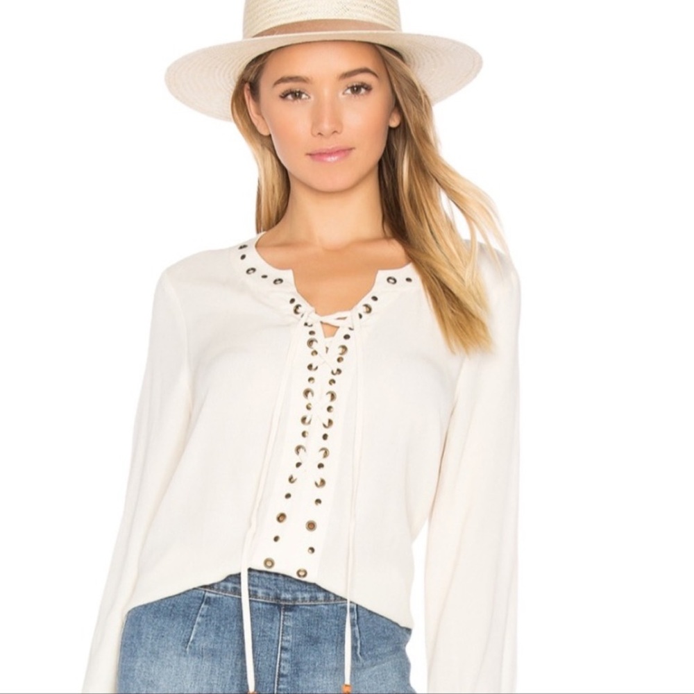 Tularosa Rosario Lace Up Split Neck Studded Beaded Long Sleeve Top Cream L Boho